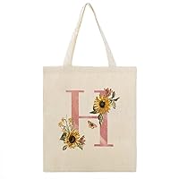 Sunflower Pink Initial Alphabet Monogram Letter H Canvas Tote Bag with Handle Cute Book Bag Shopping Shoulder Bag for Women Girls