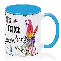 Funny Coffee Mugs It's Five O'clock Somewhere' Coffee Mugs Cups Parrot Flowers Beach Flamingo Cool Ceramic Mugs Gifts for Dad Father Mommy Uncle 11oz Blue