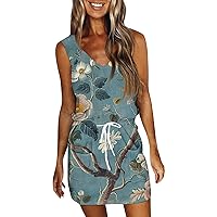 Women's Summer Dresses 2024 Fashion Casual Printed V-Neck Sleeveless Dress with Pockets, S-2XL