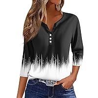 Womens 3/4 Sleeve T-Shirts V Neck Buttons Tops Basic Tee Solid Color Blouse Loose Fit Pullover Summer Shirts