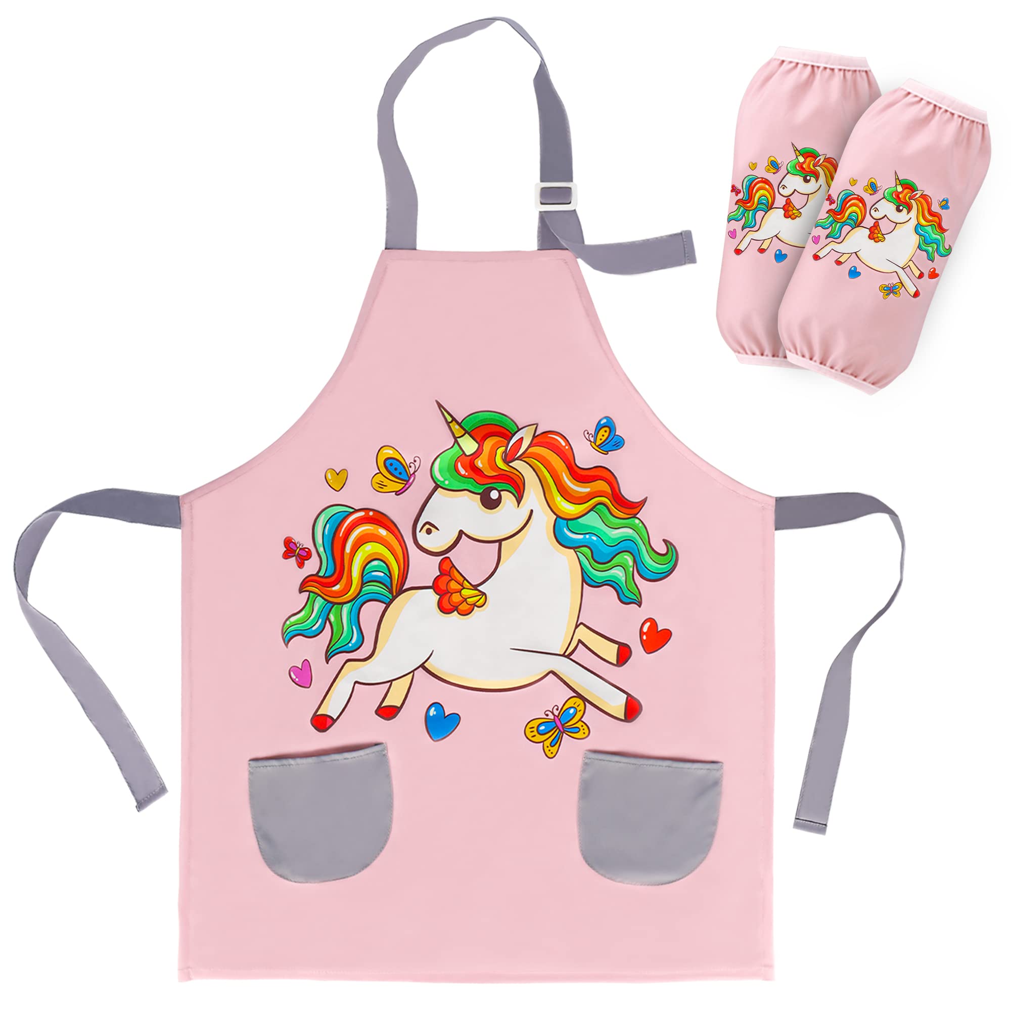 FUSOTO Unicorn Kids Aprons for Girls, Kids Cute Kitchen Cooking Apron for Ages 6-12, Kids Artist Painting Apron with Pockets, Arts and Crafts for Kids, Unicorns Gifts for Girls