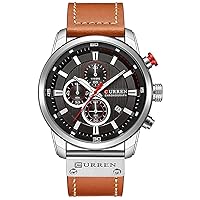Gosasa Men's Sport Chronograph Quartz Watch Brown Leather Strap Date 30 m Waterproof Military Men's Watch, silver