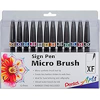 Pentel Arts Sign Pen Micro Brush Tip, Assorted Colors (A/B/C/D/E/F/G/N/P/S/V/Y), 12-PK Plastic Box (SESF30CPC12)