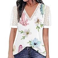 Womens Shirts Dressy Casual Curvy Women's Printing Fashion Casual Lace V Neck Pullover Short Sleeve Top Womens