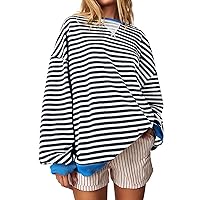 Women Oversized Striped Color Block Long Sleeve Crew Neck Sweatshirt 2024 Trendy Casual Loose Pullover Y2K Shirt Top