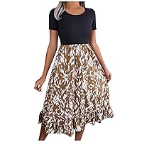 QIGUANG Women's Fashion Leopard Ruffle Hem Short Sleeve A-Line Dress Summer Crewneck High Waist Casual Slim Fit Midi Dresses