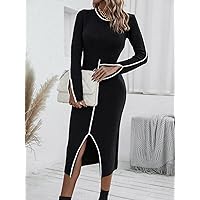 Women's Fashion Dress -Dresses Contrast Trim Split Hem Sweater Dress Sweater Dress for Women (Color : Black and White, Size : Small)