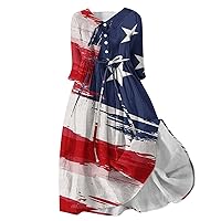 American Flag Plus Size Dress Women 3/4 Sleeve 4th of July Patriotic Stars Stripes Lace-Up Henley Shirt Beach Dress