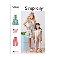 Simplicity Children's and Girls' Dress, Crop Top and Pull-on Pants Sewing Pattern Packet, Code S9761, Sizes 7-8-10-12-14, Multicolor
