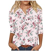 Womens Henley Neck Tops Trendy 3/4 Sleeve Botton Down Shirts Dressy Casual Loose Print T Shirts 2024 Spring Summer Blouses