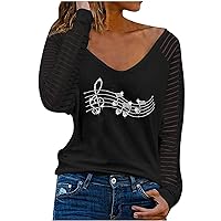 T Shirts for Women Autumn Rhinestones Musical Note Printing Casual Loose V-Neck Cutout Long Sleeves Blouses Tops