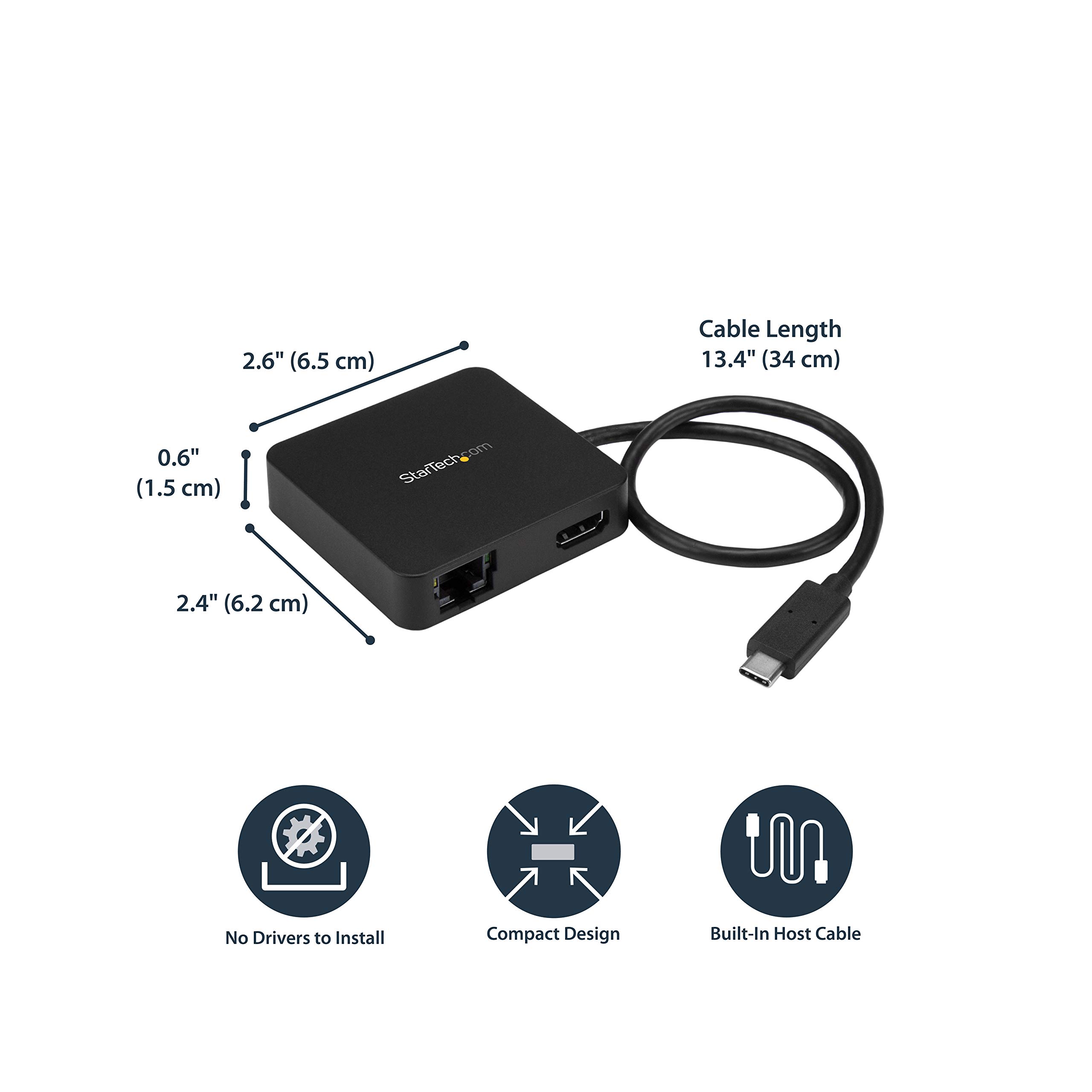 StarTech.com USB C Multiport Adapter - Portable USB-C Mini Dock 4K HDMI Video - Gigabit Ethernet, USB 3.0 Hub (1x USB-A 1x USB-C) - USB Type-C Multiport Adapter - Thunderbolt 3 Compatible (DKT30CHD)