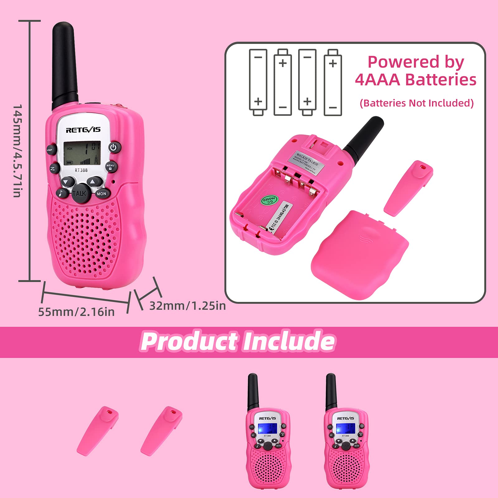 Retevis RT388 Walkie Talkies for Kids,Pink Kids Gifts for Girls Bundle with RT38 Mini Long Range 2 Way Radio,VOX Handsfree Kids Toys for Family Outdoor Camping Trip Hiking (4 Pack)