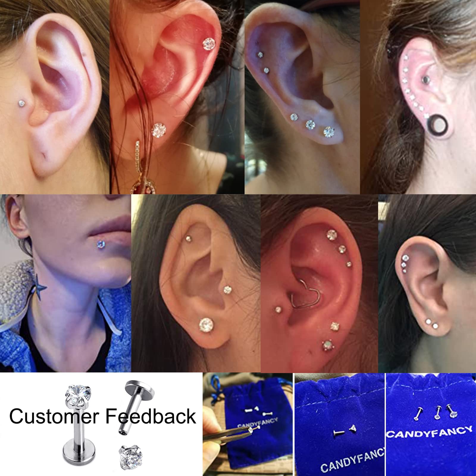 CANDYFANCY 16g 2/3/4mm Cubic Zirconia Triple Forward Helix Ear Cartilage Tragus Studs Earrings Lip Piercing 16 gauge