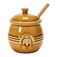 Farmhouse Embossed Stoneware Honey Pot with Wood Honey Dipper, Amber Orange