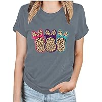 Womens Easter Day T Shirts Cute Bunny T-Shirt Fashion Leopard Print Tee Easter Gift Casual Top T Shirts Blouses