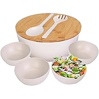 Salad Bowl with Serving Utensils, Large Salad Bowl with Wooden Lid, 9.8inch Bamboo Fiber Salad Mixing Bowl Set with Servers, Fruit Salad Bowl with 4 Small Bowls for Dessert Vegetables Pasta (White)