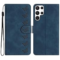 Galaxy S24 Ultra Case Wallet for Women, Card Holder Folding Flip Design Butterfly Embossing Soft Leather Magnetic Folio Cover Compatible with Samsung Galaxy S24 Ultra (Blue)