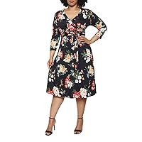 Pink Queen Womens Dresses Plus Size V Neck Floral Print Dress with Sleeves XL Black