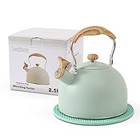 LONFFERY Tea Kettle, 2.5 Quart Whistling Tea Kettle, Tea Pots for Stove Top Food Grade Stainless Steel with Wood Pattern Folding Handle - Turquoise