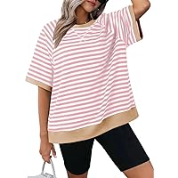 Dokotoo Oversized T Shirts for Women Striped Color Block Crewneck Short Sleeve Casual Summer Tops Lightweight Loose Blouses