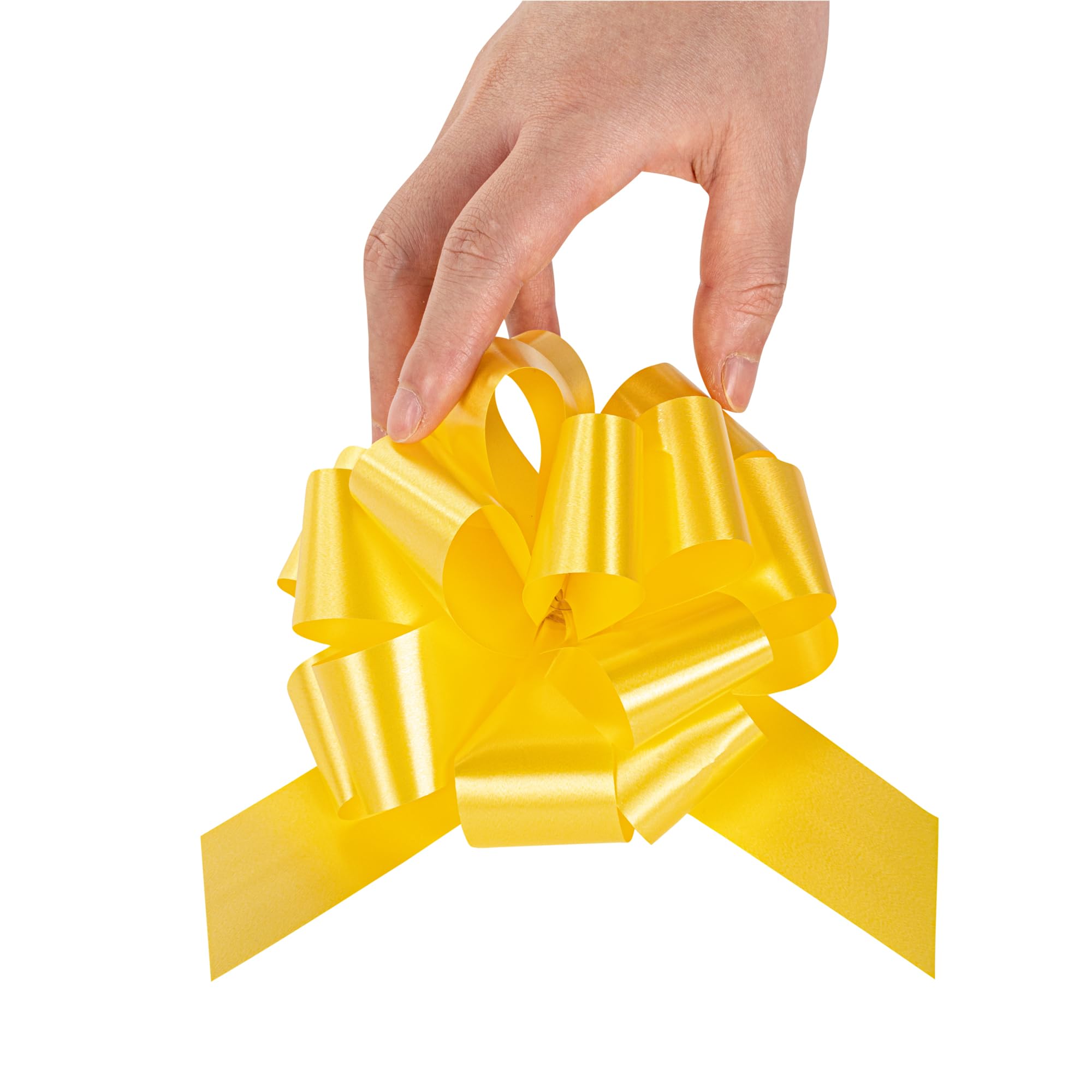 Gift Tek 5.5 Inch Ribbon Pull Bows, 10 Satin Pull Bows - 20 Loops, Instant, Yellow Plastic Flower Bows For Gifts, Large, Instant Bows, For Wedding Gift Baskets, Wraps - Restaurantware