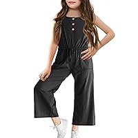 Haloumoning Girls Sleeveless Jumpsuits Kids Casual Wide Leg Pants Rompers with Pockets 5-14 Years