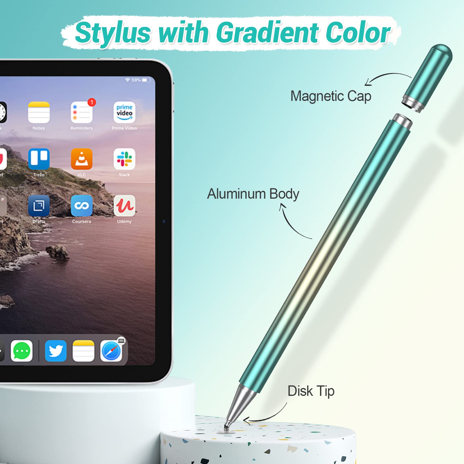Stylus Pens for Touch Screens, High Precision Disk Stylus Pen for iPad with 2 Replaceable Tips Compatible with iPad/iPhone/Android/Tablet and All Universal Touch Screen Devices