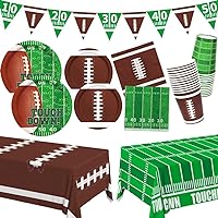 Football Party Supplies Kit Serve 24,Includes Dinner Plates, Dessert Plates, Napkins, Cups,Banner and Touchdown Tablecloth for Football Birthday Party Football Gameday Tailgate Party Decorations