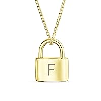 Personalized Initial Alphabet A-Z Monogram Plain Simple Couples Sentimental Lock Pendant Charm Lovers Padlock Necklace For Women Teens 14K Gold Plated .925 Sterling Silver Chain 16 Inch Customizable