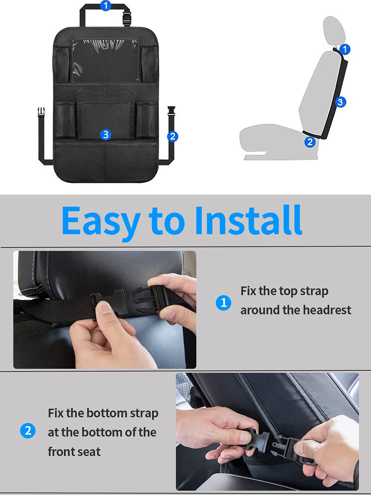 Ecurfu Backseat Car Organizer, Back Seat Protectors Kick Mats, Car Storage Bag with iPad Tablet Holder + 9 Storage Pockets for Kids Toddlers, Travel Accessories (1PC)