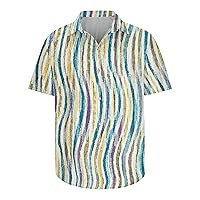 Mens Summer Beach Shirt Fashion Color Matching Stripe Short Sleeve Turndown Collar Button Down Casual Hawaiian Shirt