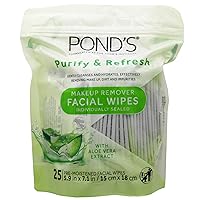 Purify & Refresh Facial Wipes with Aloe Vera, Makeup Remover, Gently Cleanses and Hydrates, Pre Moistened, 25 Count, Pack of 1