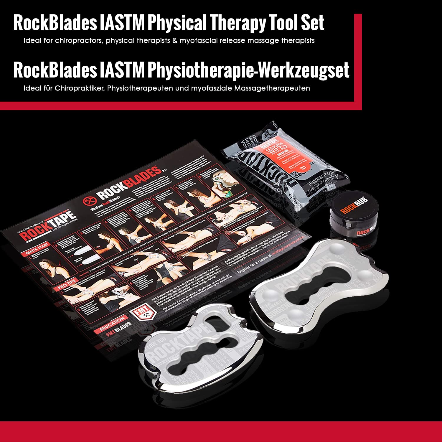 RockTape RockBlades IASTM Physical Therapy Tool Set, Soft Tissue Mobilization, 100% Stainless Steel, Easy Multi-Grip Handle, Multiple Treatment Surfaces, Medical Clinic Use