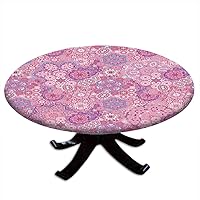 Round Fitted Paisleytablecloth, Bohemian Paisley Pattern Floral, Elastic Edge, Waterproof and wipeable Table Cover, Suitable for Restaurant Kitchen Parties, Fit for 36