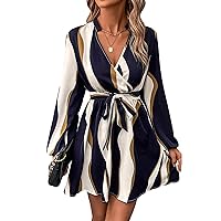 Milumia Women's Color Block Belted Notched V Neck Wrap Dress Long Sleeve Flared Mini Dresses