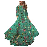 Trendy Floral Maxi Dress Casual Plus Size Long Sleeve Swing Long Beach Dress Summer Spring Smocked Flowy Boho Dress