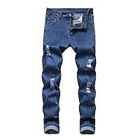 Andongnywell Men's Ripped Destroyed Stretchy Tapered Leg Jeans Distressed Denim Pants Medium Casual Waist Straight