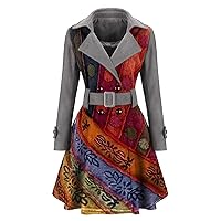 New Women Lapel Long Sleeve with Belt Woolen Ethnic Printed Jacket Coat Warm Overcoat Outerwear--Ship From USA