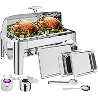 9QT Roll Top Round Chafing Dish Stainless Steel 1 Full Pan & 2 Half Pan Classic Buffet Chafer [at Least 8 People]