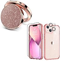 MIODIK Bundle - for iPhone 13 Case Clear Glitter (Blue) + Phone Ring Holder (Rose Gold), with 9H Tempered Glass Screen Protector + Camera Lens Protector, Protective Shockproof for Women