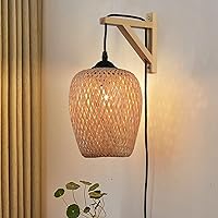 Plug in Bamboo Wall Sconces, Industrial Hand-Woven Rattan Lampshade Hanging Wall Light Fixture with Wood Base, Farmhouse Wall Mounted Lamp for Kitchen Island, Living Room, Bedroom