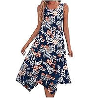 Flowy Irregular Hem Tank Dress Womens Floral Print Summer Sleeveless Scoop Neck Midi Dresses Casual Beach Sundress