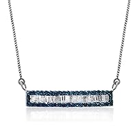1.00 Cttw Round Cut Color Enhanced Blue & Baguette White Natural Diamond Bar Pendant with Necklace Chain Sterling Silver