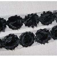 2 Meters Frayed Chiffon Rose 3D Flower Lace Edge Trim Ribbon 6 cm Width Shabby Chic Colourful Edging Trimmings Fabric Embroidered Applique Sewing Craft Wedding Dress DIY Clothes Decor (Black)