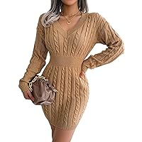 Women's Autumn and Winter Wear Fried Dough Twist Buttock Wrap Dress Woolen V-Neck Waist Long-Sleeve Sweater Dress Beige Color Medium Size 84 cm Long