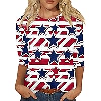 Summer 4th of July Shirts 3/4 Sleeve Tee Shirt Women Crew-Neck Yom Ha'atzmaut Flag Day Tops USA Printed