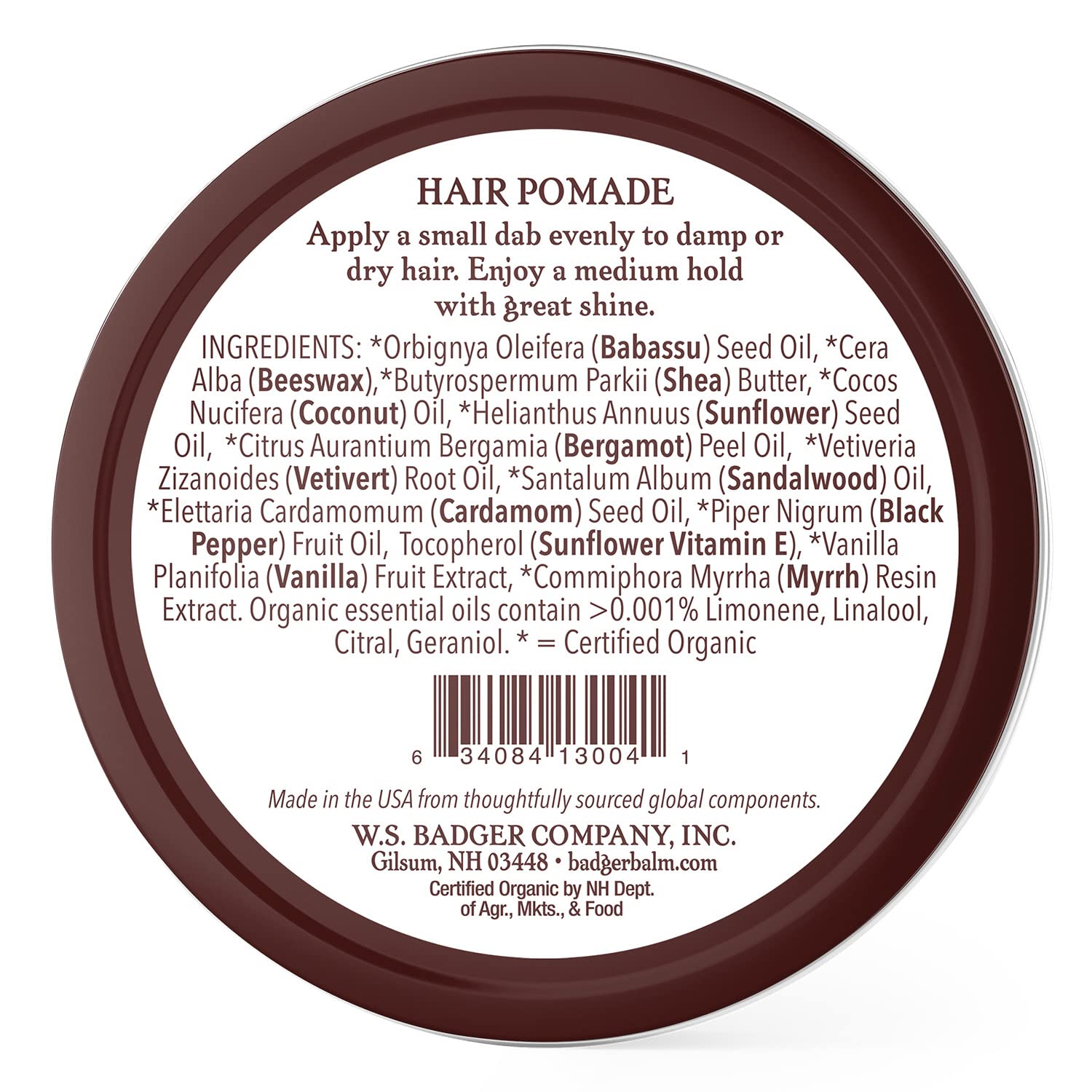 Badger - Hair Pomade, Certified Organic, Medium Hold Hair Pomade with Great Shine, Essential Oils, Mens Hair Pomade, 2oz