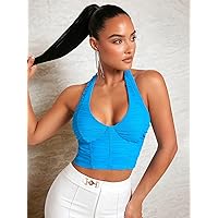 Women's Tops Shirts for Women Sexy Tops for Women Ruched Backless Crop Halter Top Tops (Color : Blue, Size : Small)