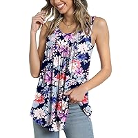 Anydeer Women's Tank Top Summer Pleated Sleeveless Shirt Casual Tunic Curved Hem Flowy Basic Blouse